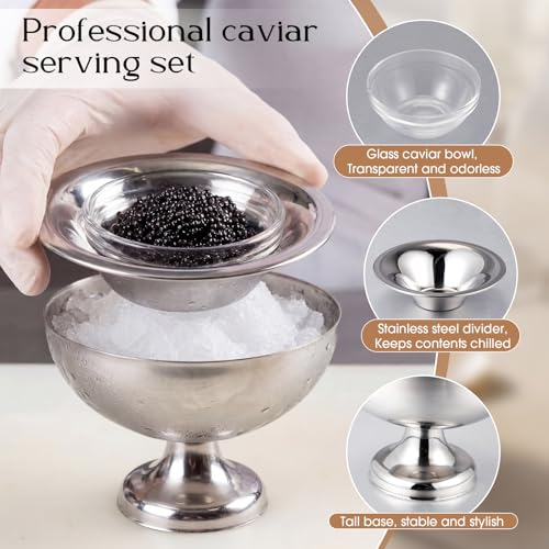 2 Set Caviar Serving Set with Steel Cover 3" Glass Chiller Bowl 2 3"