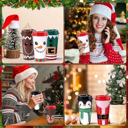 12 Pack Christmas Reusable Coffee Cups 16 oz Xmas Tumblers with Lid Santa Elk Snowman Gingerbread Penguin Plastic Travel Mug for Hot and Cold Drinks Thank You Gifts for Winter Holiday Party Supplies