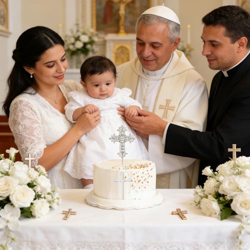 Cross Cake Topper - 2PCS Baptism Cake Topper with Rhinestone and Acrylic Designs, Glitter Cross Religious God Bless Cakes, Christening Decorations for Birthday Baby Shower Crossing Toppers Sliver