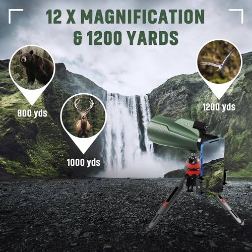 Monocular Telescope - 12x56 High Powered, Compact, Dust-Proof, Waterproof, Handheld Scope with Smartphone Adapter and Metal Tripod - Ideal for Hunting, Stargazing, Birdwatching, and Outdoor Adventures Green Monocular 12 x 56