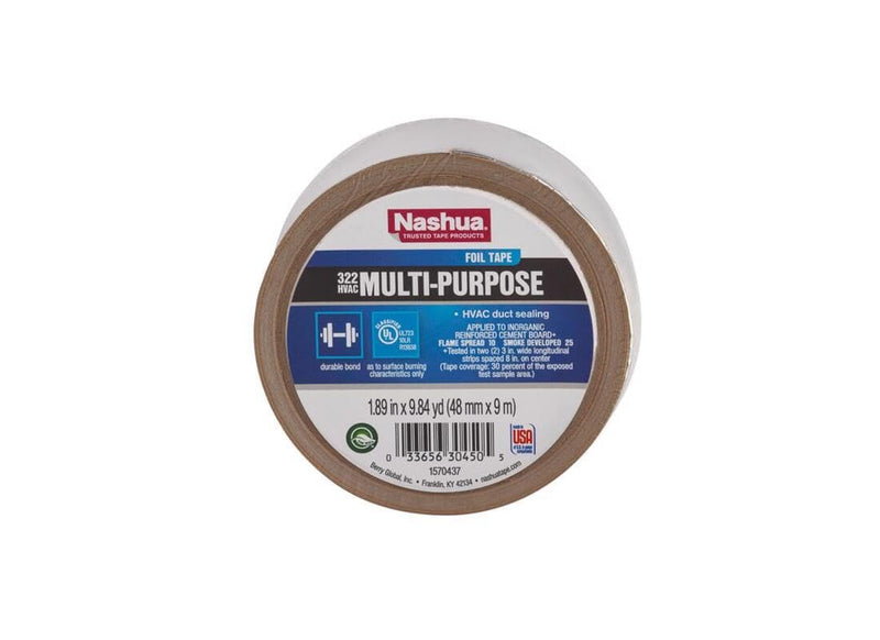 Nashua 322 HVAC Multipurpose Foil Tape, 3.2mil Thick, UV & Moisture Resistant, UL 723 Classified for HVAC Ducts, Insulation Seaming, Automotive Repairs - 48mm x 9m Standard