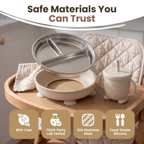 Stainless Steel & Silicone Toddler Feeding Set, 7 Piece Kids Dinnerware with Divided Plate, Bowl, Training Cup with Straw, Bib, Fork and Spoon, BPA‑Free, Food‑Grade for Children (Color Beige)