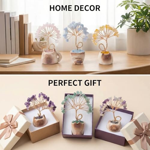 6 Pack Cat Chakra Crystal Tree of Life Gift Set with Gift Box, Healing Cute Kitten Money Tree Cat Statue Lucky Kitten Figurine Office Bedroom Home Desk Decoration Cat Lovers Gifts for Women