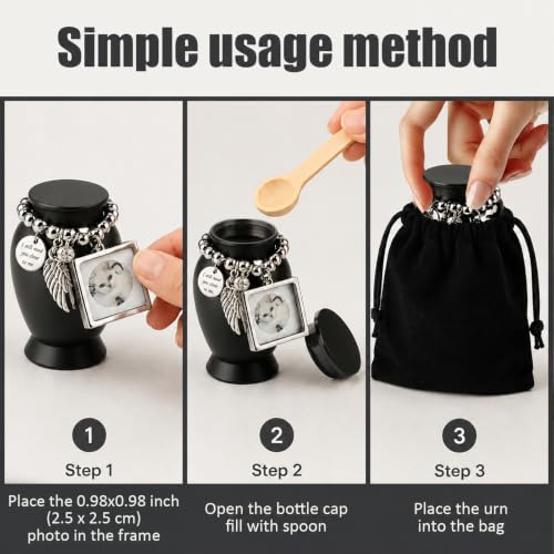 Small Keepsake Cremation Urn for Human or Pet Ashes, 2.75" Mini Memorial Urn with Photo Frame, Velvet Bag and Filling Spoon, Small Sharing Urn for Ashes, Black