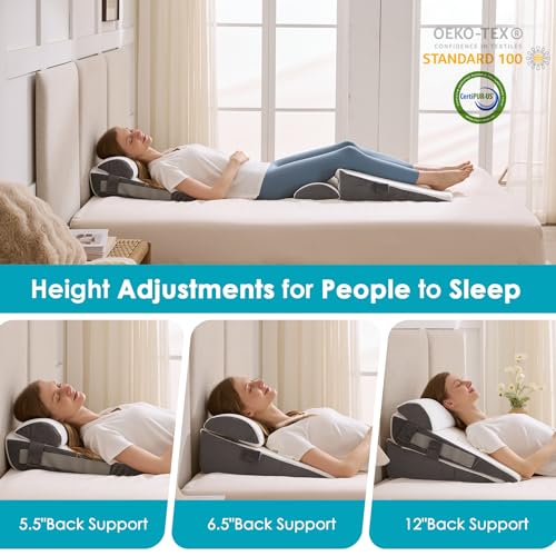 3Pcs Wedge Pillow Set for After Surgery,Acid Reflux Relief, Adjustable Bed Wedge Pillows for Sleeping,Anti Snore, Memory Foam Triangle Pillow for Back&Neck&Shoulder Pain Relief, White&Grey White/Grey 12 IN+1 Head pillow