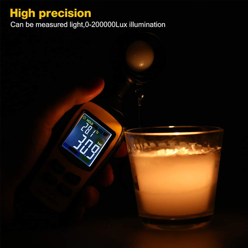 [Australia - AusPower] - Light Meter Digital Illuminance Meter Handheld Ambient Temperature Measurer, Range up to 200,000 Lux, Luxmeter with 4 Digit Color LCD Screen 
