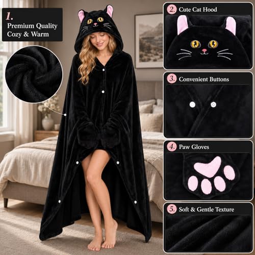 Emwwat Wearable Blanket Hoodie with Sleves, Black Cat Oversized Warm Flannel Blanket with Sleves Hoodie Gift for Mom, Girtfriend, Wife, Friend, Sister-Perfect for Christmas