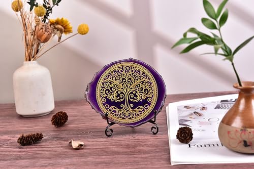 AMOYSTONE Zen Home Decor - Laser Engraved Purple Agate with Tree of Life, 4-5" Display Stand Purple Tree of Life 01 4-5 INCH