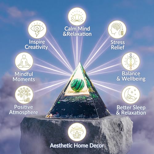 Orgone Crystal Pyramid for Positive Energy, Malachite Sphere Sacred Geometry Healing Crystal Pyramid, Obsidian Crystal Chips Energy Generator, Meditation Energy Healing Decor & 2 pcs Rose Quartz Heart Sacred Geometry Symbol