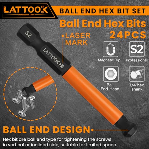 LATTOOK 24-piece metric and SAE ball end hex bit set with quick change bit driver, 2.5-inch bits