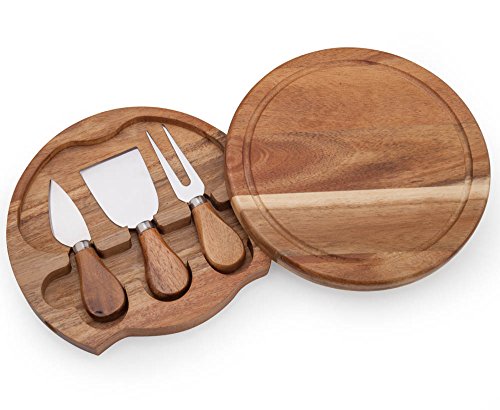 ILEAF Round Slide-Out Acacia Wood Cheese Board and 3 Piece Cheese Tool Set, 7.5 inch Diameter