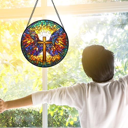 Christian Cross Wings Stained Glass Window Hanging Suncatcher Gifts 7.8" Gold 7.8x7.8 IN