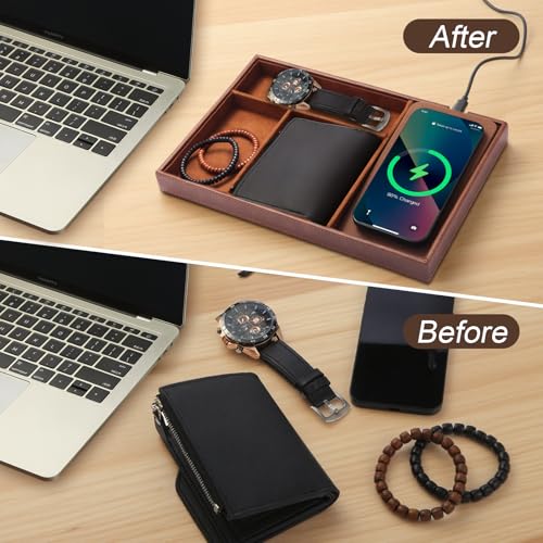 Brown TopMade valet tray with wireless charging and jewelry organizer, featuring compartments for men’s accessories and nighttime essentials.