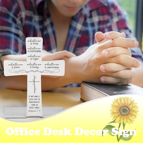 FSB084 Christian Sign with Bible Verse, Philippians 4:8, Modern Woman Scripture Farmhouse Decor, Christian Home Decor - Cross Sign for Desk Decor