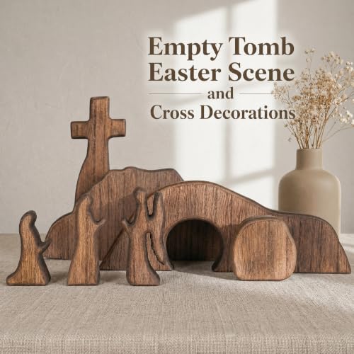 NEROSUN Empty Tomb Easter Scene and Cross Decoration, Wooden Jesus Resurrection Nativity Set, Religious Christian Tabletop Decor for Home Office Christian Wooden Empty Tomb