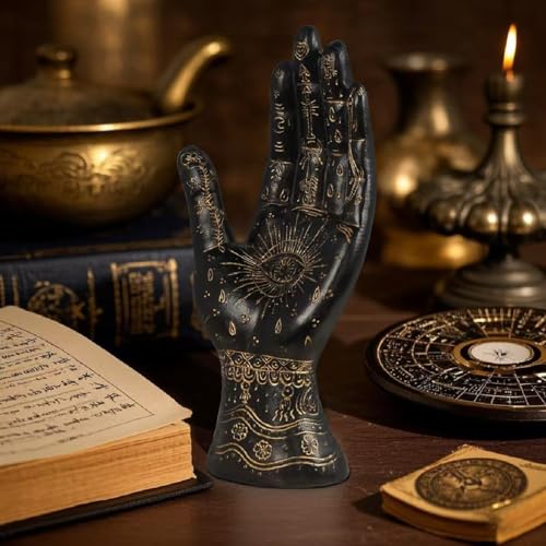 Palmistry Hand Resin Statue Telling Palm Reading, Ancient Mystical Palm with Lines and Symbols Sculpture for Palm Readers（Black） Black