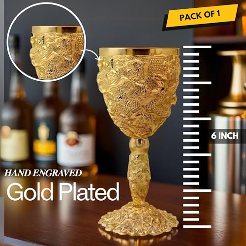 Emboss Floral Handcrafted Medieval Gold Plated Brass Chalice 6 oz| Handcrafted Cup Set For Spiritual Gifts, Fantasy Decor, or Game Night Collectors|Royal Drinking Glass