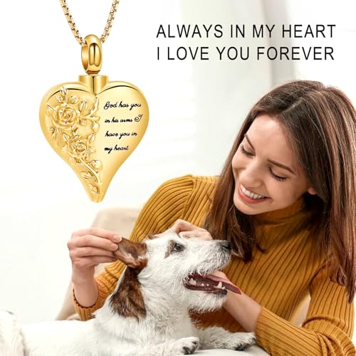 Oinsi Heart Urn Necklace Cremation Jewelry for Ashes Rose Flower Love Heart Ashes Keepsake for Women Men Pendant Memorial Locket Ash Holder Gold