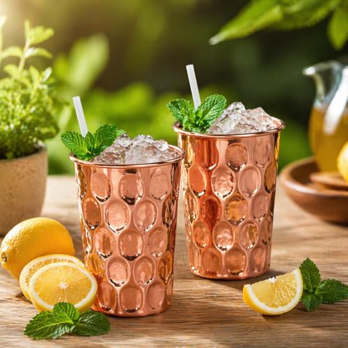 100% Pure Copper Glasses, Set of 2, 9 oz each, Hammered Glass - Mirror Pattern (Pack of 2) 9 Ounces