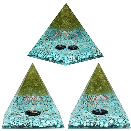 Nupuyai Tree of Life Orgone Crystal Pyramid for Meditation Spiritual Healing, Energy Generator Stone Pyramid with Crystal Sphere for Home Office Decor, Olivine and Blue Howlite Turquoise