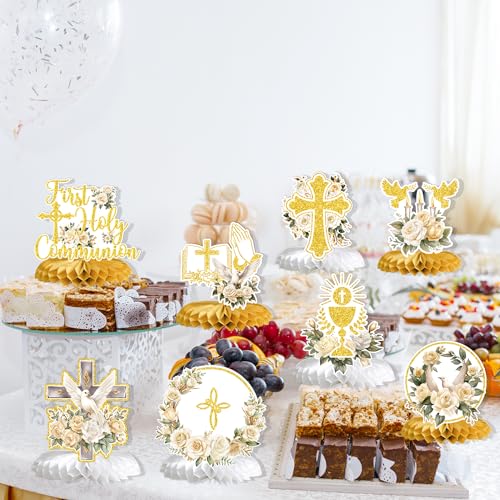 First Holy Communion Honeycomb Centerpieces, Baptism Decorations, God Bless Religious Party Table Decor, First Communion Table Centerpiece, Christening Baby Shower Party Decorations 9PCS