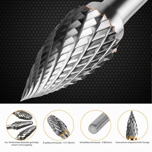 SoundZero 6 Piece Carbide Router Bit Set Double Cut Burr 1/8" | Carbide Rotary Cutter Set End Mill with Shank, for Grinder, Carving, Metal Polishing, Engraving, Drilling