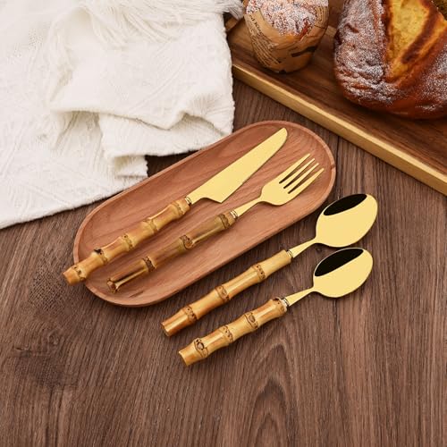 Stainless Steel Flatware Set, Bamboo Handle Silverware Set, Reusable Eating Utensils for Home Kitchen and Restaurant, Modern Gold Cutlery Set, 24 Pieces Service for 6 24-Piece Service for 6