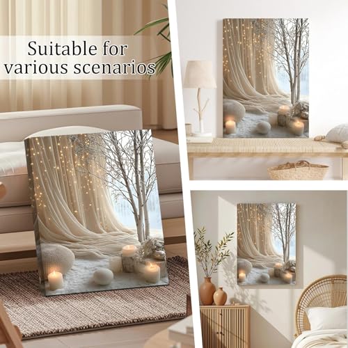 Qiukoo Canvas Wall Art Framed – Cozy Neutral Candle Lights Artwork, Soft Winter Hygge Style Wall Decor for Bedroom, Living Room, Hallway or Entryway Home Decoration, with Hooks and Nails, 12x16 Inch 40L x 30W cm