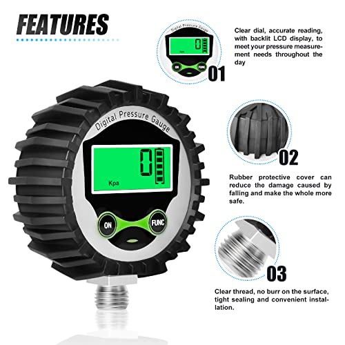 MEANLIN MEASURE 0-200 PSI digital pressure gauge with rubber cover, lower mount, and NPT hex bushings