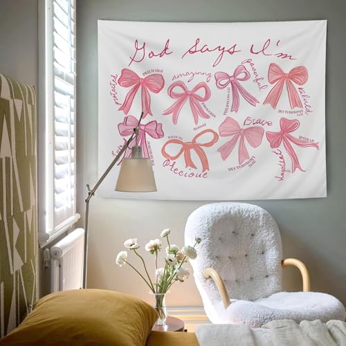 AQYIP Coquette Pink Bow Christian Tapestry, God Says I Am Motivational Bible Verse Tapestry, Pink Girly Christian Wall Blanket Decor for Girls Room Dorm Apartment, 50x60 Inch 4 - god says i am