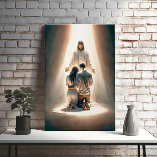 Framed Jesus canvas print wall art for couples seeking Jesus guidance in marriage Christian spiritual motivational poster living room prayer room home art decor 24x36in Ready to Hang Jesus prays