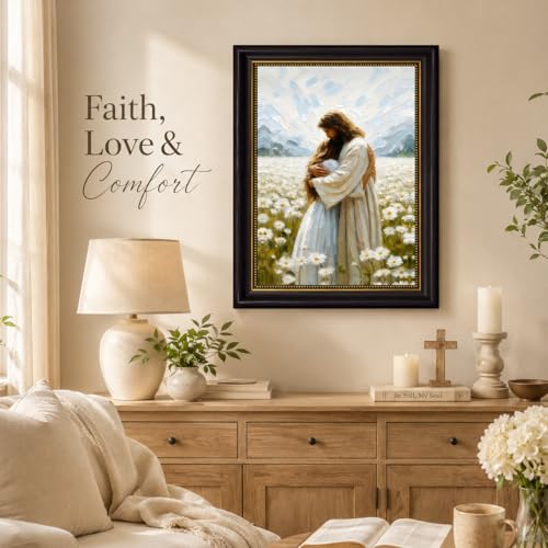 FKRYTYB Vintage Brown Framed Jesus Hugging Girl Canvas Wall Art 12x16in Jesus Embrace 16"L x 12"W