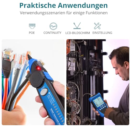 RJ45 Cable Tester POE with LCD for CAT5/6/7/8 | Multifunctional network tester, cable CAT5 to CAT8 tracker, line finder for short circuit, cross and interruption test