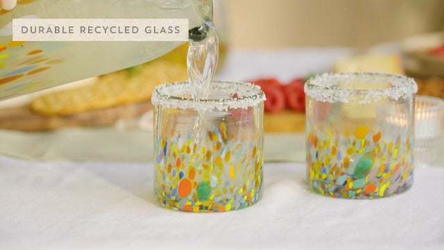Twine Segunda Vida Artistico 100% Recycled Glassware Tumblers, Hand Blown Cocktail Glasses for Dinner Party, Icon Glasses Gifts, Stemless Margarita Mexican Glassware, Set of 2, 13 oz, Multicolor