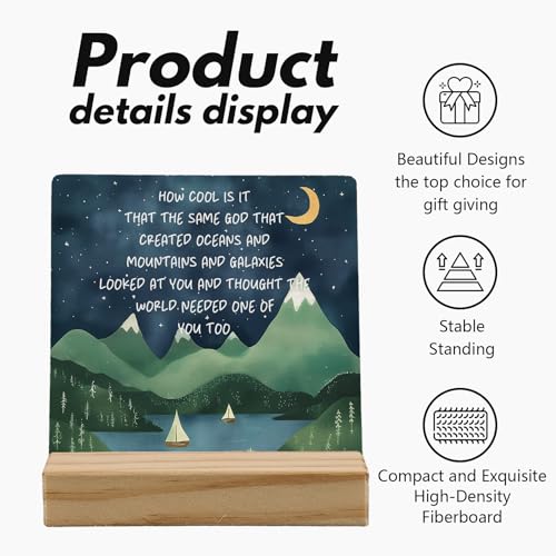 Inspirational Desk Decor, Mountain Moon Night Motivational Quote Wood Plaque, Positive How Cool is It That the Same God Wooden Plaque Sign with Wood Stand for Home Kids Room Nursery Decor