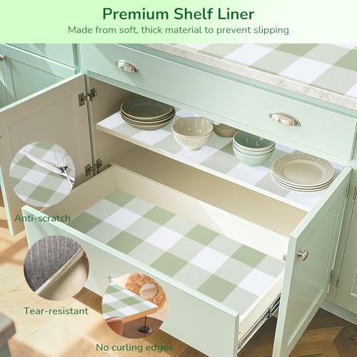 Green Gingham Shelf Drawer Liners Non-Adhesive 17.5In x 20FT Green 17.5"W x 236.2"L