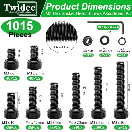 Twidec/1015PCS M3 Screws Assortment Kit,Hex Socket Cap Head Screws 1015pcs Hex Cap Head
