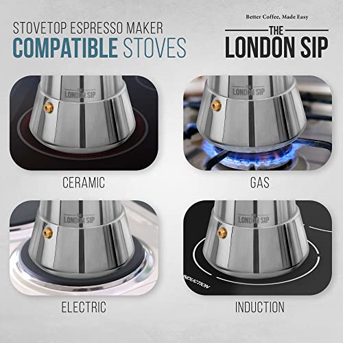 London Sip Stainless Steel Stovetop Espresso Maker Moka Pot Italian Coffee Percolator, Silver, 6 Espresso Cups Medium