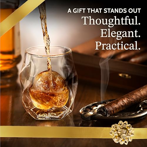JAMES BENTLEY JB Whiskey Glasses, Set of 2 + 2 Slow-Melting Ice Ball Molds 6.0 ounces