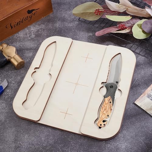 BENECREAT 25.4x25.4cm/ 10x10 Inch Square Laser Engraving Jig for Pocket Knife, Precision Wood Fixture with 53x215mm/ 2x8.46inch Inner Space, Multi-Knife Holder for Display and Engraving