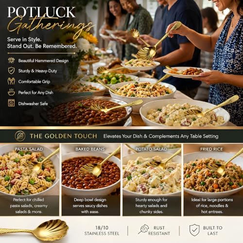 Serving Spoons 4Pack, 18/10 Stainless Steel Large Serving Spoons Set, Hammered Long Handle Serving Spoons for Buffet, Scalloped Design Serving Utensils for Kitchen Party Buffet Banquet (Gold) Gold
