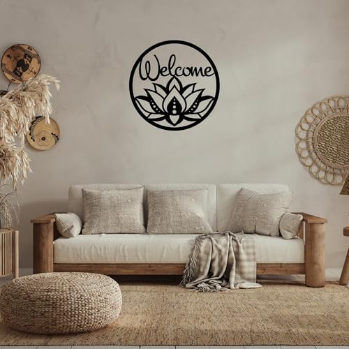 Welcome Lotus Metal Wall Hanging – Handmade Spiritual Boho Wall Decor for Entryway, Living Room, or Meditation Space, Handmade Boho Spiritual Yoga Wall Hanging (12") 12"