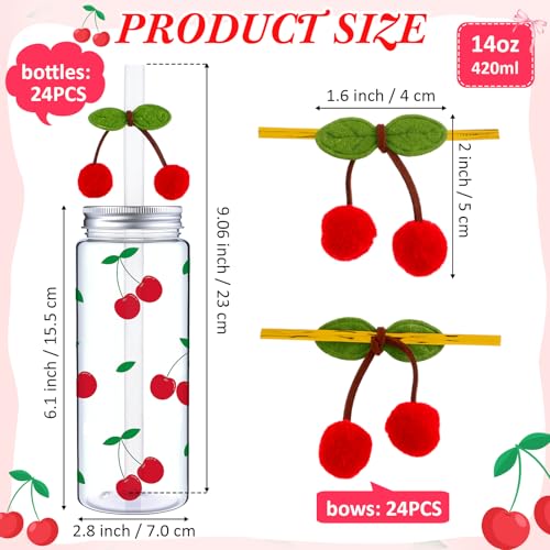 SiliFine 24 Pcs Cherry Cups with Lids Red Cherry Bows Cold Drinking Bottle