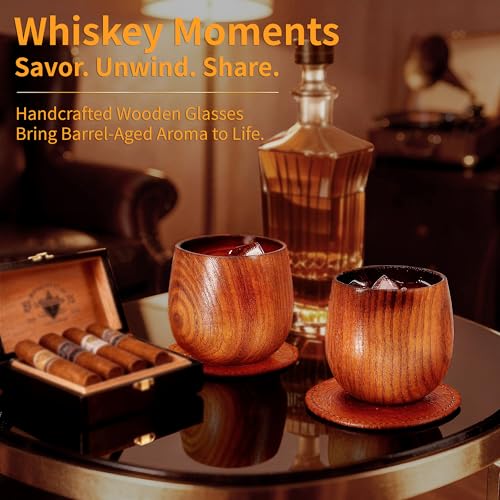 Charred Wooden Bourbon Glasses Set of 2 Whiskey Old Fashioned - Oak Tumblers with Stones & Coasters - Gifts for Men, Dad, Groomsmen, Brother & Whiskey Lovers 2 Pack Charred
