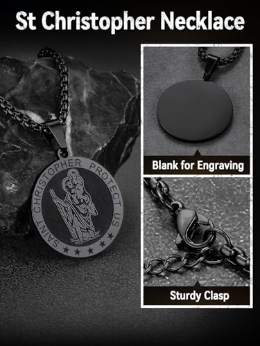 FaithHeart St Christopher Necklace for Men, Personalised Saint Christopher Pendant Catholic Jewellery Stainless Steel/Gold/Black, Patron Saints of Travellers Christening Gifts for Boys Child 02.coin-black