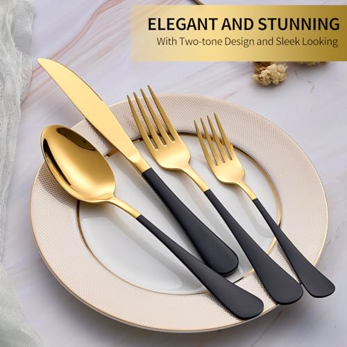 20-Piece Black & Gold Silverware Set, 18/0 Stainless Steel Colorful Handle Flatware Set, Service for 4, Modern Cutlery Set Includes Dinner Knives Forks Spoons, Mirror Polished, Dishwasher Safe gold and black-Piece