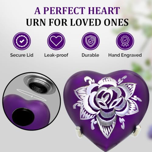 Rose Heart Shaped Keepsake Urn for Human Ashes - Mini Memorial Urn with Display Stand, Velvet Bag & Premium Gift Box - Engraved Metal Urn for Baby, Boy, Girl, Parents, Loved Ones (Purple, Small) Purple