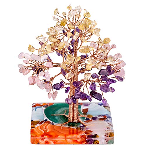 mookaitedecor Natural Crystal Money Tree with Agate Crystals Base #01-yellow+pink+purple