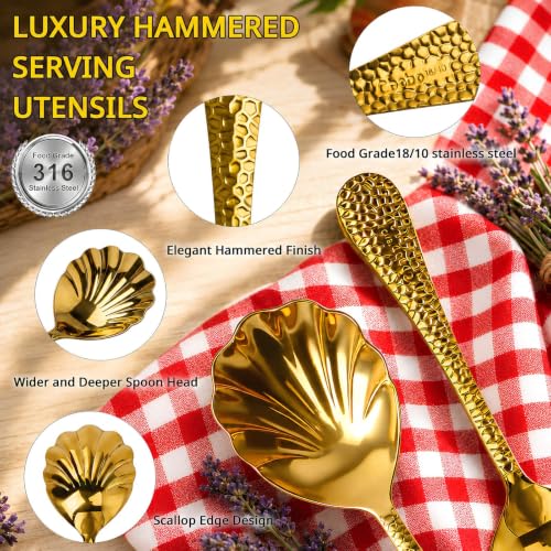 Serving Spoons 4Pack, 18/10 Stainless Steel Large Serving Spoons Set, Hammered Long Handle Serving Spoons for Buffet, Scalloped Design Serving Utensils for Kitchen Party Buffet Banquet (Gold) Gold