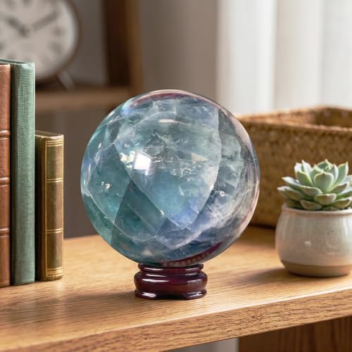 2.4-2.8 inch Natural Fluorite Crystal Ball with Stand, Hand Polished Rainbow Fluorite Divination Sphere, Reiki Healing Stone Ball, Home Art Decor Ornament, Spiritual Collectible Gift 60-70mm